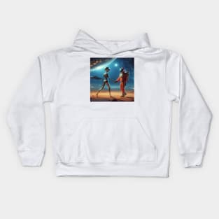 Beyond Boundaries: A Profound Encounter of a Human Shaking Hands with an Extraterrestrial Being Kids Hoodie